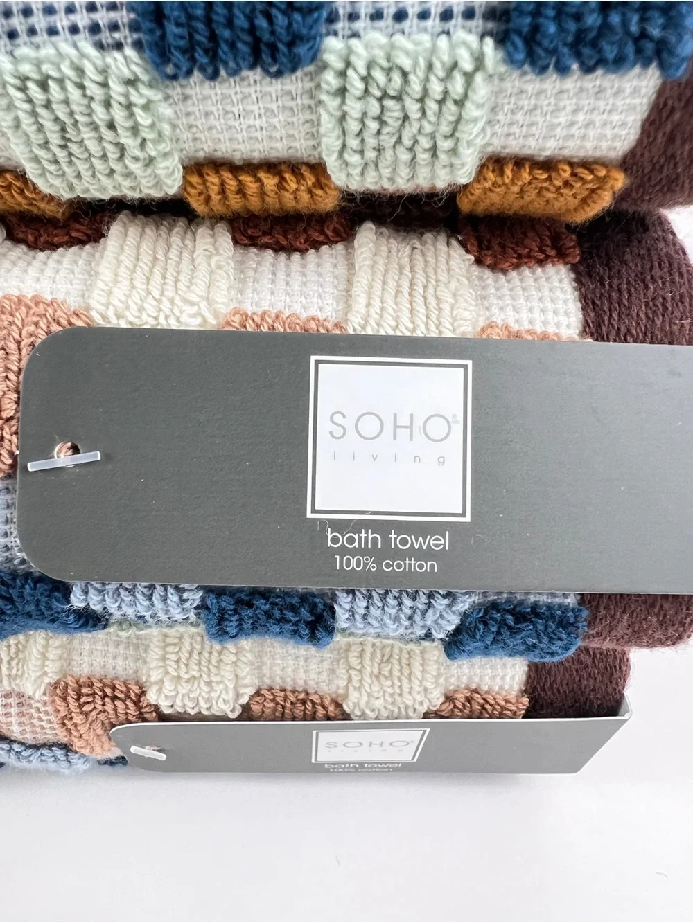 Soho Living Bath Towels Brown Blue Green Dotted Stripe 100% Cotton 2 Pc NEW